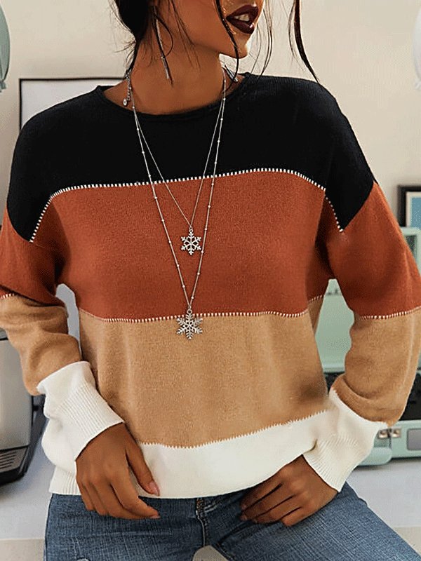 Women's Sweaters Striped Contrast Long Sleeve Round Neck Knitted Sweater - Cardigans & Sweaters - INS | Online Fashion Free Shipping Clothing, Dresses, Tops, Shoes - 03/09/2021 - 30-40 - Cardigans & Sweaters