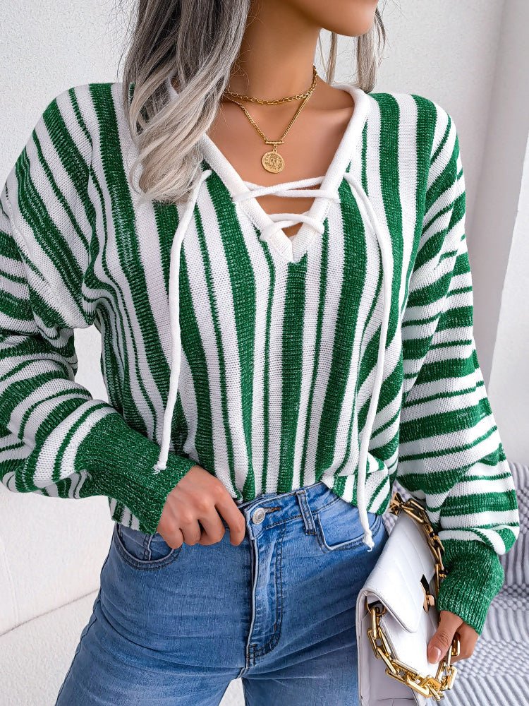 Women's Sweaters Striped Lace-Up Balloon Sleeve Sweater - Sweaters - Instastyled | Online Fashion Free Shipping Clothing, Dresses, Tops, Shoes - 27/08/2022 - 30-40 - cardigans-sweaters