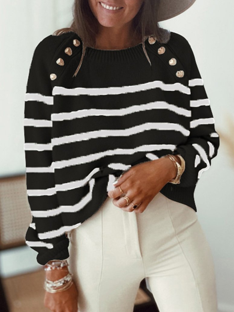 Women's Sweaters Striped Pullover Shoulder Button Knitted Sweater - Cardigans & Sweaters - INS | Online Fashion Free Shipping Clothing, Dresses, Tops, Shoes - 04/11/2021 - 30-40 - Cardigans & Sweaters