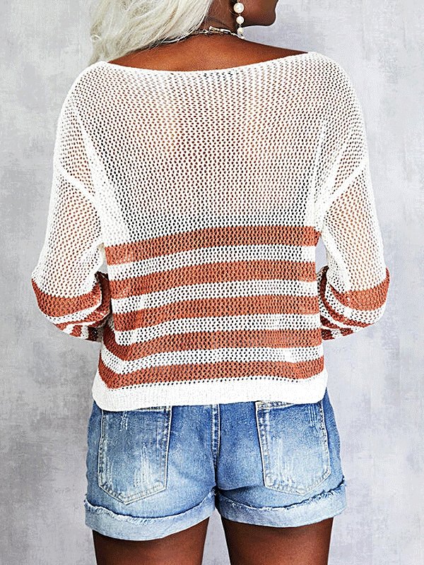 Women's Sweaters Striped See-Through Round Neck Long Sleeve Sweater - Cardigans & Sweaters - INS | Online Fashion Free Shipping Clothing, Dresses, Tops, Shoes - 03/09/2021 - 20-30 - Cardigans & Sweaters