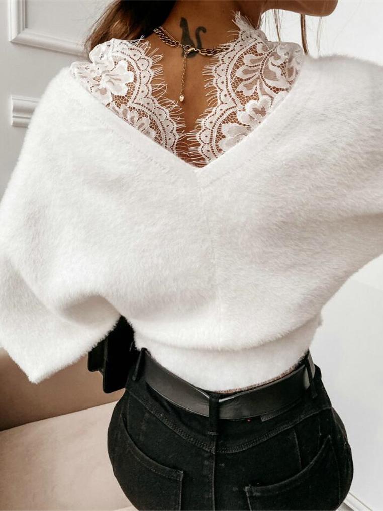 Women's Sweaters Sweet Lace V-Neck Long Sleeve Sweater - Cardigans & Sweaters - INS | Online Fashion Free Shipping Clothing, Dresses, Tops, Shoes - 30/09/2021 - Cardigans & Sweaters - Color_Brown