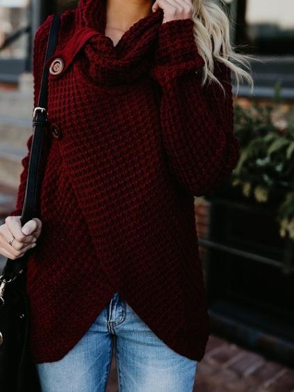 Women's Sweaters Turtleneck Button Long Sleeve Irregular Knit Sweater - Cardigans & Sweaters - INS | Online Fashion Free Shipping Clothing, Dresses, Tops, Shoes - 02/11/2021 - 20-30 - Cardigans & Sweaters