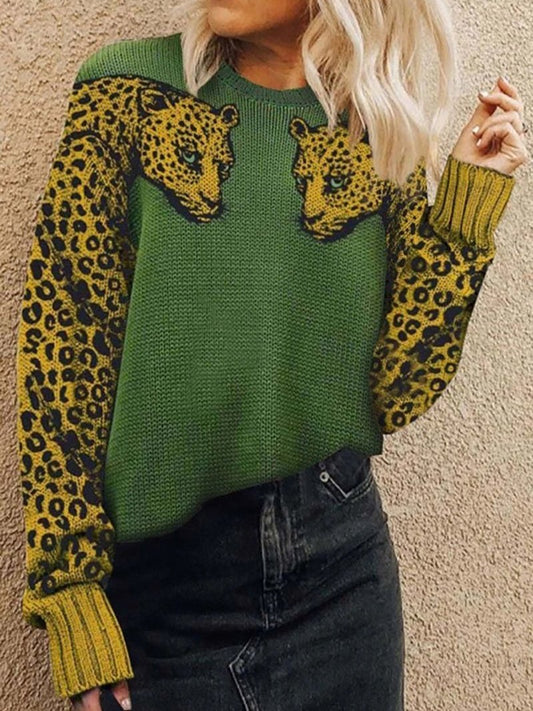 Women's Sweaters Two Leopards Round Neck Long Sleeve Sweater - Cardigans & Sweaters - Instastyled | Online Fashion Free Shipping Clothing, Dresses, Tops, Shoes - 15/12/2021 - 40-50 - Cardigans & Sweaters