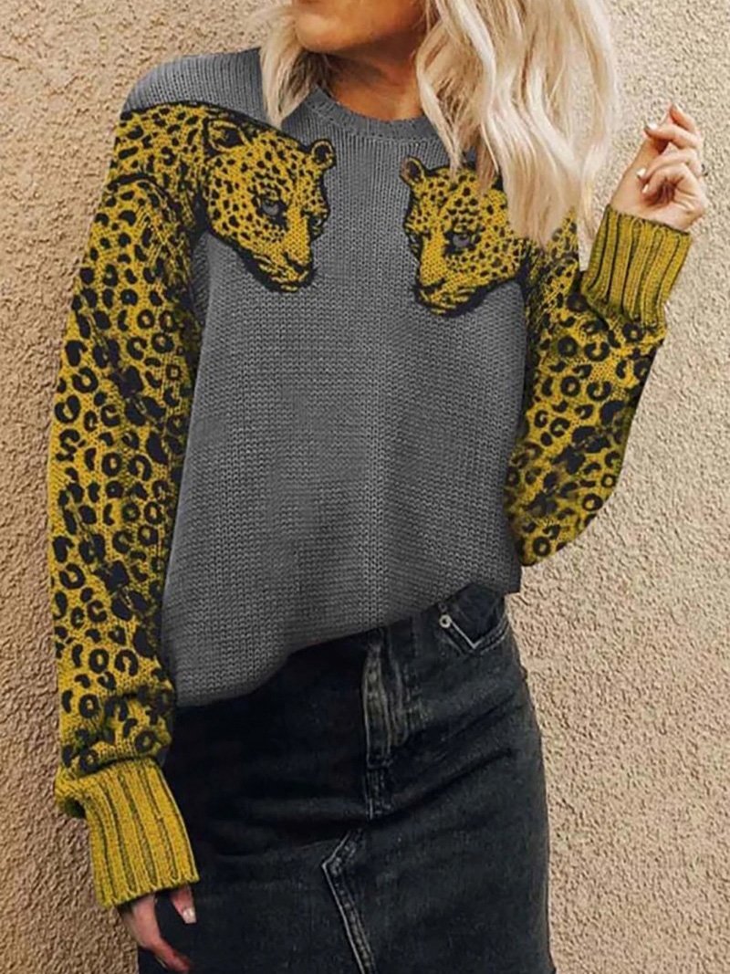 Women's Sweaters Two Leopards Round Neck Long Sleeve Sweater - Cardigans & Sweaters - Instastyled | Online Fashion Free Shipping Clothing, Dresses, Tops, Shoes - 15/12/2021 - 40-50 - Cardigans & Sweaters