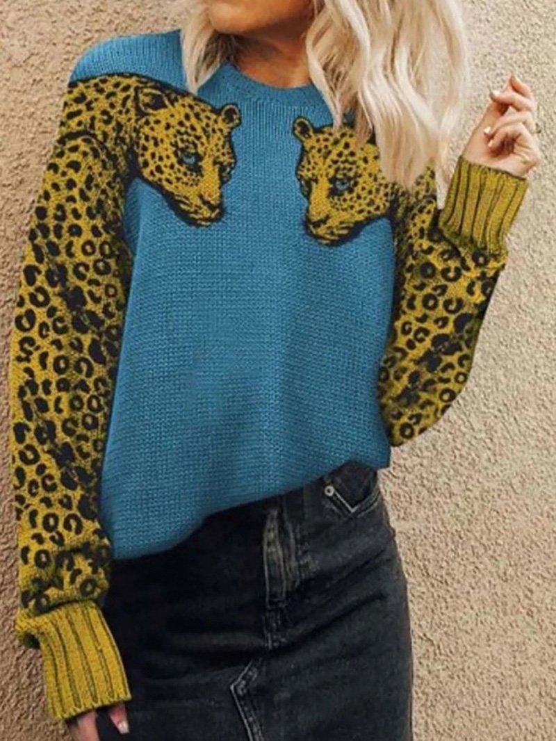 Women's Sweaters Two Leopards Round Neck Long Sleeve Sweater - Cardigans & Sweaters - Instastyled | Online Fashion Free Shipping Clothing, Dresses, Tops, Shoes - 15/12/2021 - 40-50 - Cardigans & Sweaters