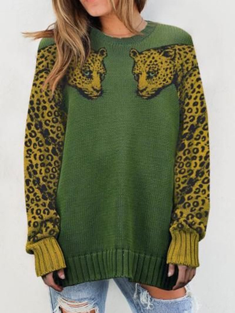 Women's Sweaters Two Leopards Round Neck Long Sleeve Sweater - Cardigans & Sweaters - Instastyled | Online Fashion Free Shipping Clothing, Dresses, Tops, Shoes - 15/12/2021 - 40-50 - Cardigans & Sweaters