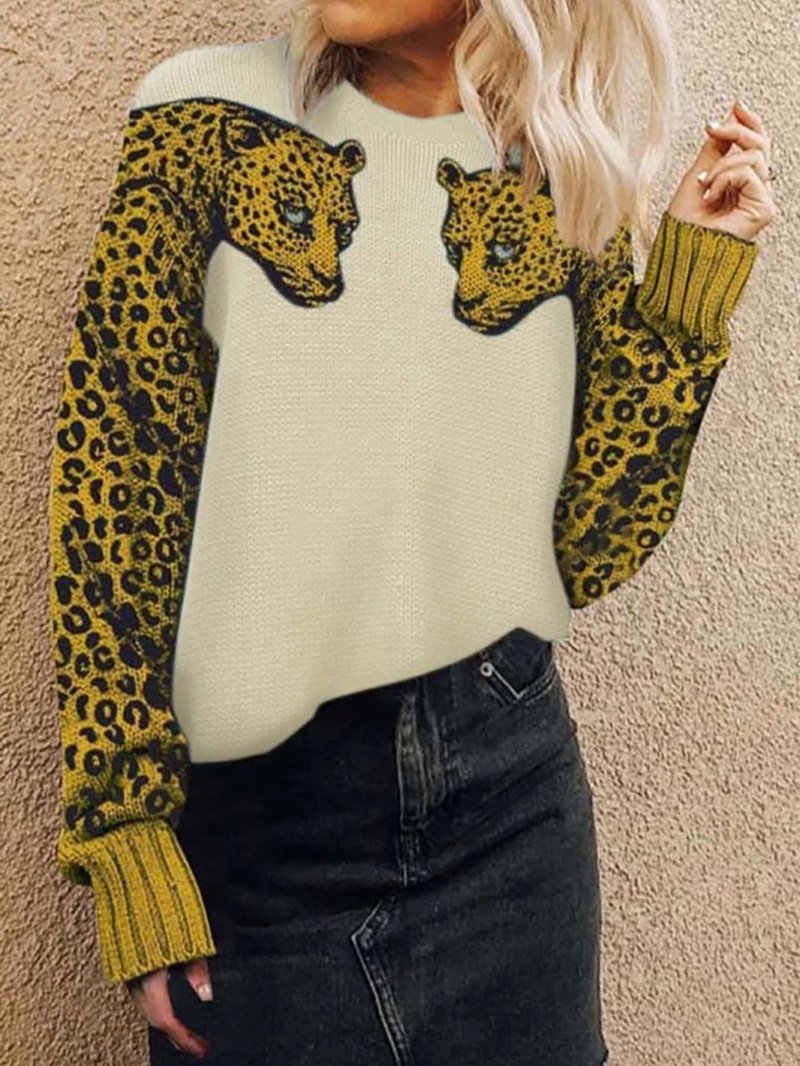 Women's Sweaters Two Leopards Round Neck Long Sleeve Sweater - Cardigans & Sweaters - Instastyled | Online Fashion Free Shipping Clothing, Dresses, Tops, Shoes - 15/12/2021 - 40-50 - Cardigans & Sweaters