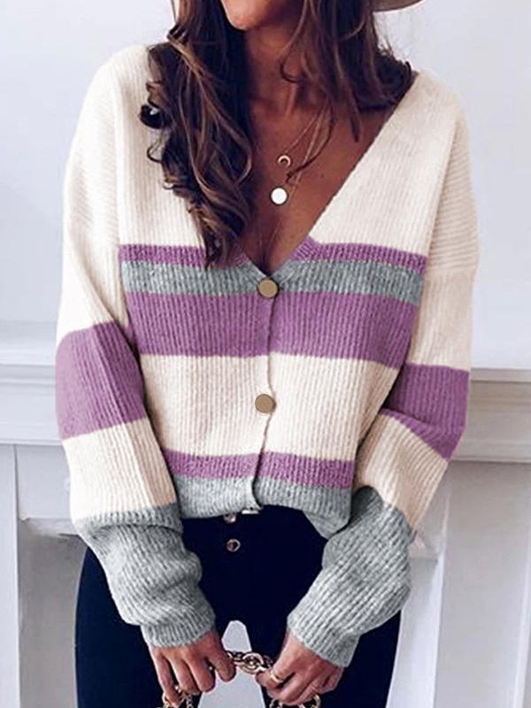 Women's Sweaters V-Neck Button Stripe Stitching Sweater Cardigan - Cardigans & Sweaters - INS | Online Fashion Free Shipping Clothing, Dresses, Tops, Shoes - 27/09/2021 - 30-40 - Cardigans & Sweaters