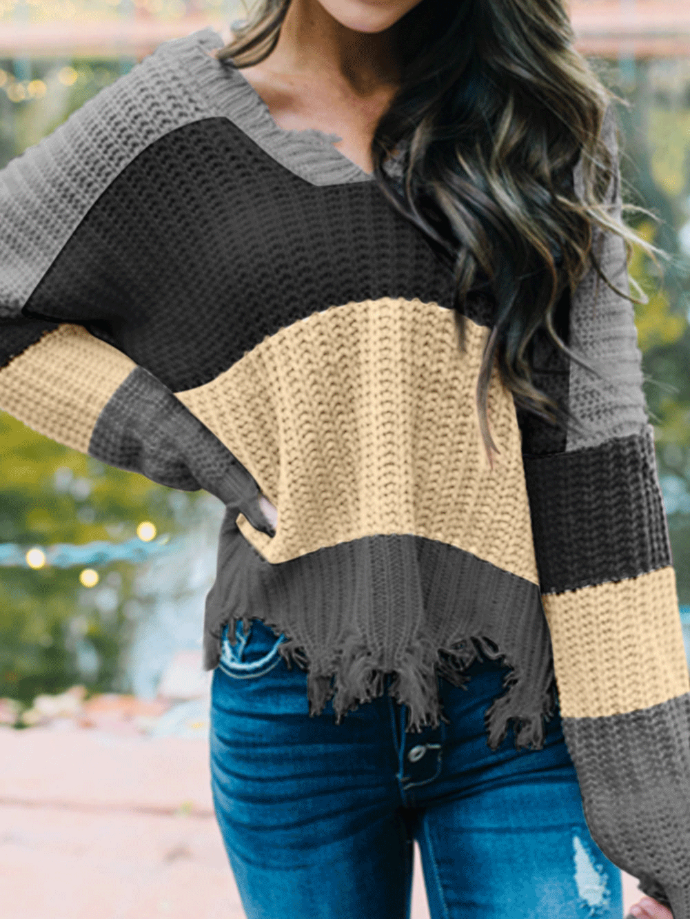 Women's Sweaters V-Neck Contrast Striped Fringe Long Sleeve Sweater - Cardigans & Sweaters - INS | Online Fashion Free Shipping Clothing, Dresses, Tops, Shoes - 23/10/2021 - 30-40 - Cardigans & Sweaters