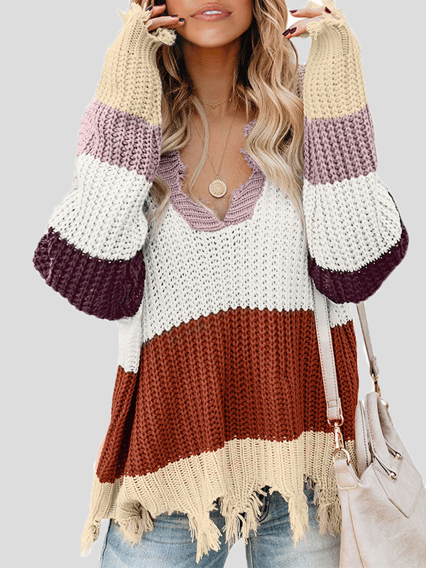 Women's Sweaters V-Neck Contrast Striped Fringe Long Sleeve Sweater - Cardigans & Sweaters - INS | Online Fashion Free Shipping Clothing, Dresses, Tops, Shoes - 23/10/2021 - 30-40 - Cardigans & Sweaters