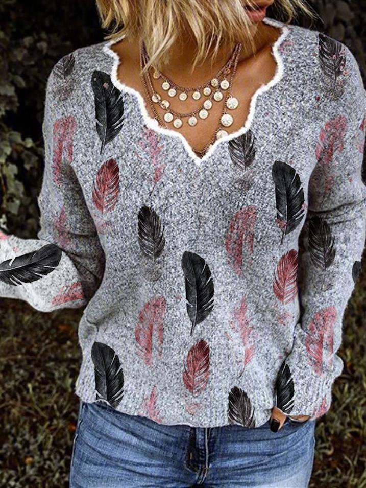 Women's Sweaters V-Neck Feather Print Long Sleeve Sweater - Cardigans & Sweaters - INS | Online Fashion Free Shipping Clothing, Dresses, Tops, Shoes - 20-30 - 26/08/2021 - Cardigans & Sweaters