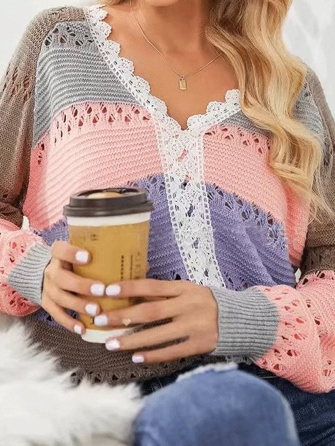 Women's Sweaters V-Neck Hollow Long Sleeve Striped Lace Sweater - Cardigans & Sweaters - INS | Online Fashion Free Shipping Clothing, Dresses, Tops, Shoes - 03/09/2021 - 30-40 - Cardigans & Sweaters