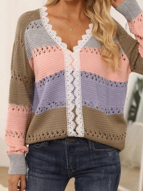 Women's Sweaters V-Neck Hollow Long Sleeve Striped Lace Sweater - Cardigans & Sweaters - INS | Online Fashion Free Shipping Clothing, Dresses, Tops, Shoes - 03/09/2021 - 30-40 - Cardigans & Sweaters