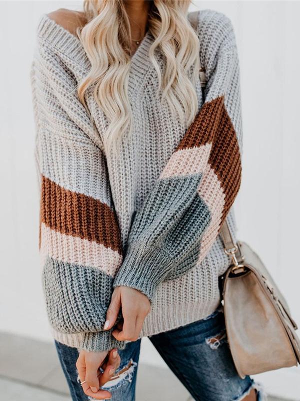 Women's Sweaters V-Neck Lantern Sleeve Striped Sweater - Cardigans & Sweaters - INS | Online Fashion Free Shipping Clothing, Dresses, Tops, Shoes - 15/10/2021 - Cardigans & Sweaters - Color_Black