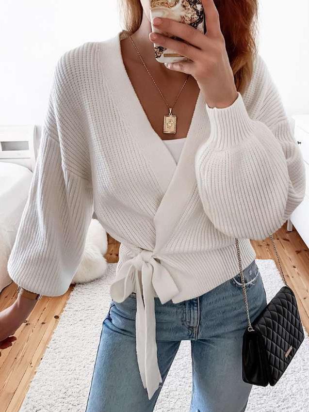 Women's Sweaters V-Neck Long Sleeve Lace-Up Knitted Sweater - Cardigans & Sweaters - INS | Online Fashion Free Shipping Clothing, Dresses, Tops, Shoes - 06/09/2021 - 30-40 - Cardigans & Sweaters