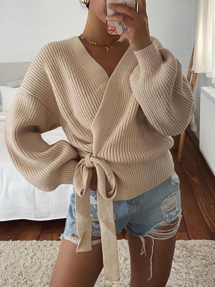 Women's Sweaters V-Neck Long Sleeve Lace-Up Knitted Sweater - Cardigans & Sweaters - INS | Online Fashion Free Shipping Clothing, Dresses, Tops, Shoes - 06/09/2021 - 30-40 - Cardigans & Sweaters