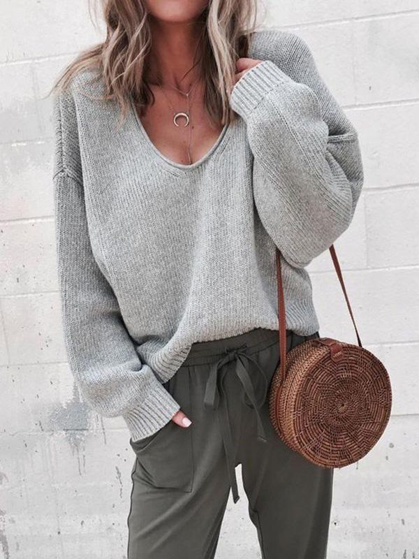 Women's Sweaters V-Neck Long Sleeve Solid Loose Knit Sweater - Cardigans & Sweaters - INS | Online Fashion Free Shipping Clothing, Dresses, Tops, Shoes - 18/09/2021 - 20-30 - Cardigans & Sweaters