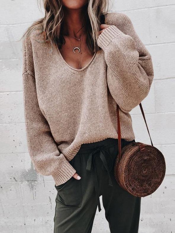 Women's Sweaters V-Neck Long Sleeve Solid Loose Knit Sweater - Cardigans & Sweaters - INS | Online Fashion Free Shipping Clothing, Dresses, Tops, Shoes - 18/09/2021 - 20-30 - Cardigans & Sweaters