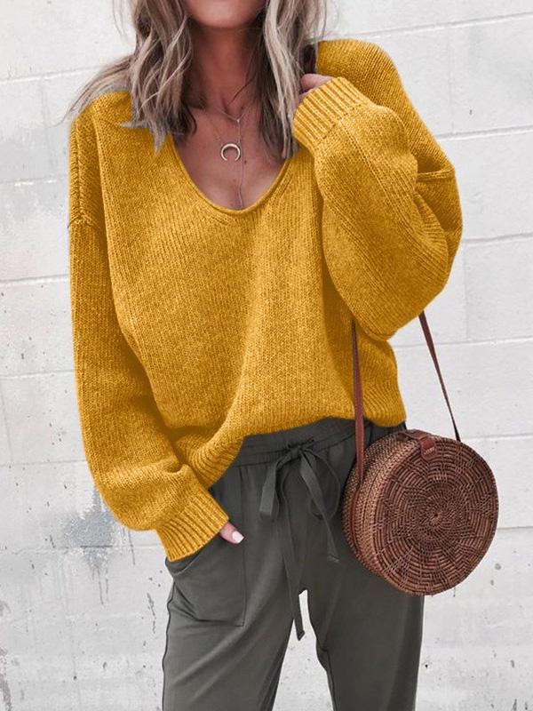 Women's Sweaters V-Neck Long Sleeve Solid Loose Knit Sweater - Cardigans & Sweaters - INS | Online Fashion Free Shipping Clothing, Dresses, Tops, Shoes - 18/09/2021 - 20-30 - Cardigans & Sweaters