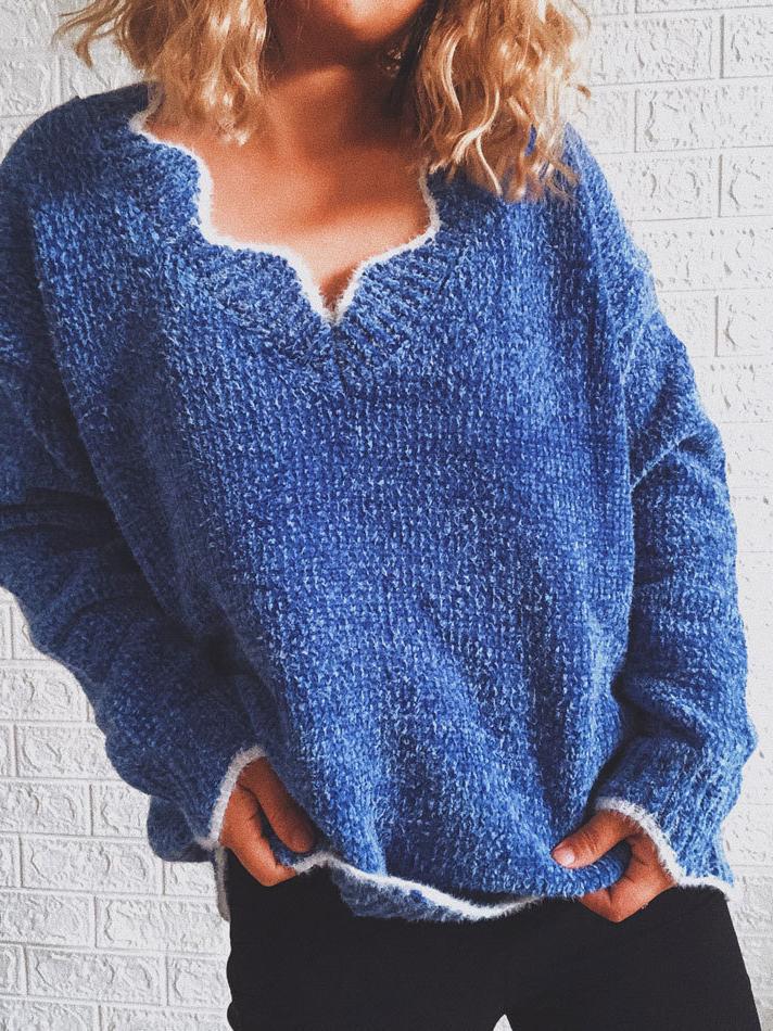 Women's Sweaters Wavy V-Neck Solid Pullover Long Sleeve Sweater - Cardigans & Sweaters - INS | Online Fashion Free Shipping Clothing, Dresses, Tops, Shoes - 24/11/2021 - Cardigans & Sweaters - color-blue