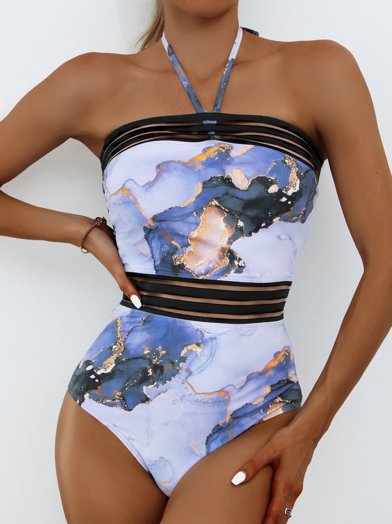 Women's Swimsuits Printed Halter Mesh Panel One Piece Swimsuit - Swimsuits - Instastyled | Online Fashion Free Shipping Clothing, Dresses, Tops, Shoes - 20-30 - 20/05/2022 - color-blue