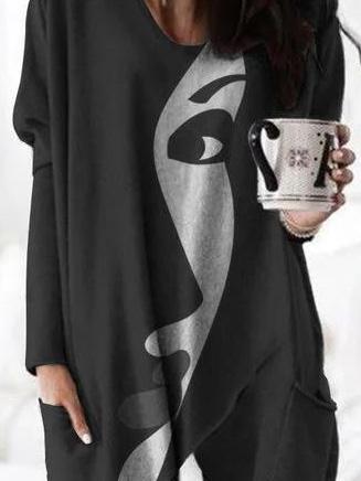 Women's T-Shirts Abstract Face Print Long Sleeve Mid-Length T-Shirt - T-Shirts - INS | Online Fashion Free Shipping Clothing, Dresses, Tops, Shoes - 09/09/2021 - 20-30 - Category_T-Shirts