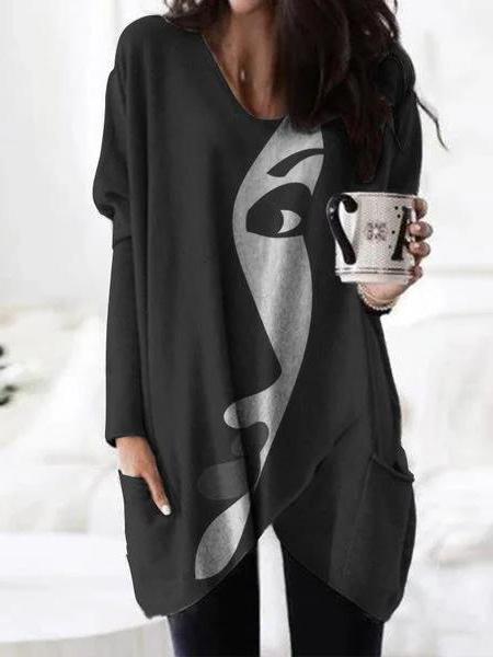 Women's T-Shirts Abstract Face Print Long Sleeve Mid-Length T-Shirt - T-Shirts - INS | Online Fashion Free Shipping Clothing, Dresses, Tops, Shoes - 09/09/2021 - 20-30 - Category_T-Shirts