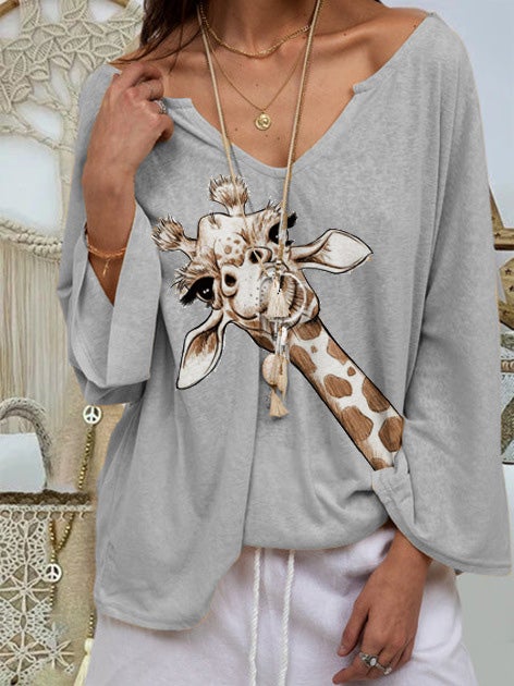 Women's T-Shirts Animal Print V-Neck Long Sleeve T-Shirt - T-Shirts - Instastyled | Online Fashion Free Shipping Clothing, Dresses, Tops, Shoes - 13/01/2022 - 20-30 - color-black