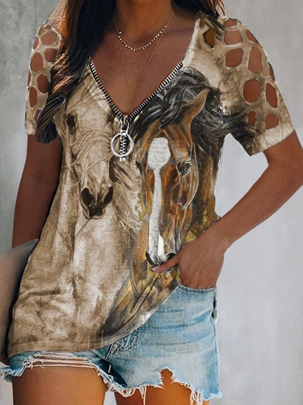 Women's T-Shirts Animal Print Zip V-Neck Hollow Short Sleeve T-Shirt - T-Shirts - Instastyled | Online Fashion Free Shipping Clothing, Dresses, Tops, Shoes - 15/04/2022 - 20-30 - color-khaki