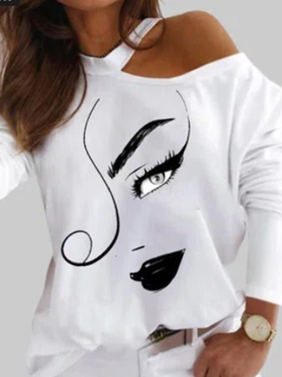 Women's T-Shirts Art Print Halter Off Shoulder Long Sleeve T-Shirt - T-Shirts - Instastyled | Online Fashion Free Shipping Clothing, Dresses, Tops, Shoes - 16/05/2022 - 20-30 - color-white