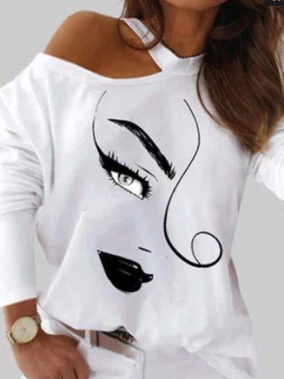 Women's T-Shirts Art Print Halter Off Shoulder Long Sleeve T-Shirt - T-Shirts - Instastyled | Online Fashion Free Shipping Clothing, Dresses, Tops, Shoes - 16/05/2022 - 20-30 - color-white