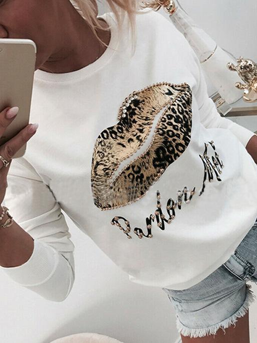 Women's T-Shirts Beaded Lips Leopard Print Long Sleeve Round Neck T-Shirt - T-Shirts - INS | Online Fashion Free Shipping Clothing, Dresses, Tops, Shoes - 07/09/2021 - 20-30 - Category_T-Shirts