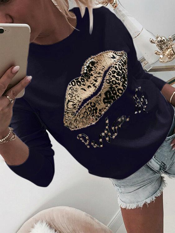 Women's T-Shirts Beaded Lips Leopard Print Long Sleeve Round Neck T-Shirt - T-Shirts - INS | Online Fashion Free Shipping Clothing, Dresses, Tops, Shoes - 07/09/2021 - 20-30 - Category_T-Shirts