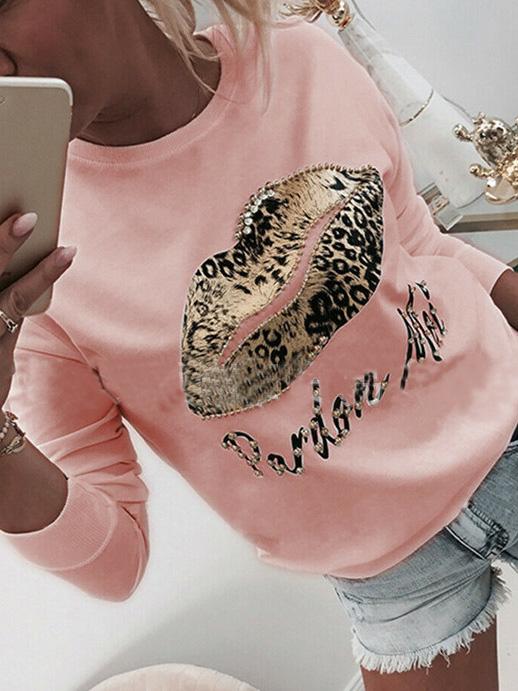 Women's T-Shirts Beaded Lips Leopard Print Long Sleeve Round Neck T-Shirt - T-Shirts - INS | Online Fashion Free Shipping Clothing, Dresses, Tops, Shoes - 07/09/2021 - 20-30 - Category_T-Shirts