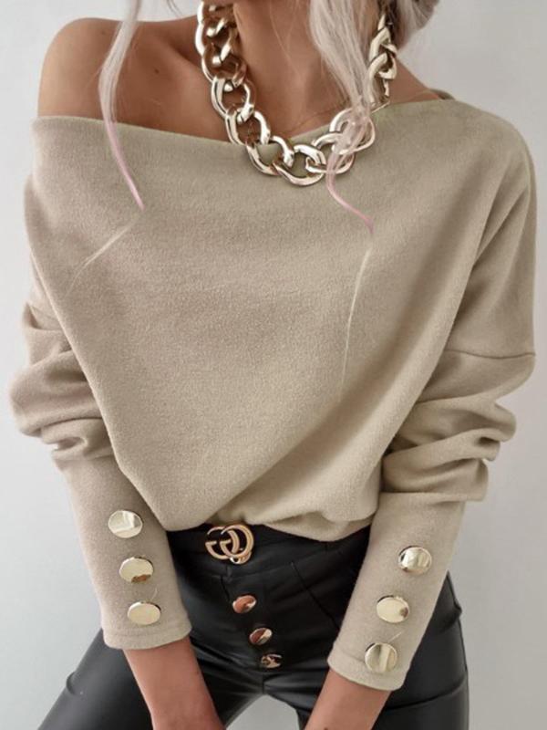 Women's T-Shirts Boat Neck Off Shoulder Button Long Sleeve T-Shirt - T-Shirts - INS | Online Fashion Free Shipping Clothing, Dresses, Tops, Shoes - 18/11/2021 - 20-30 - color-khaki