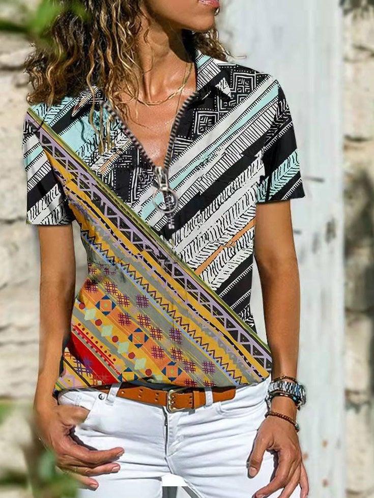 Women's T-Shirts Boho Print Zip Short Sleeve T-Shirt - T-Shirts - Instastyled | Online Fashion Free Shipping Clothing, Dresses, Tops, Shoes - 13/01/2022 - 20-30 - color-black