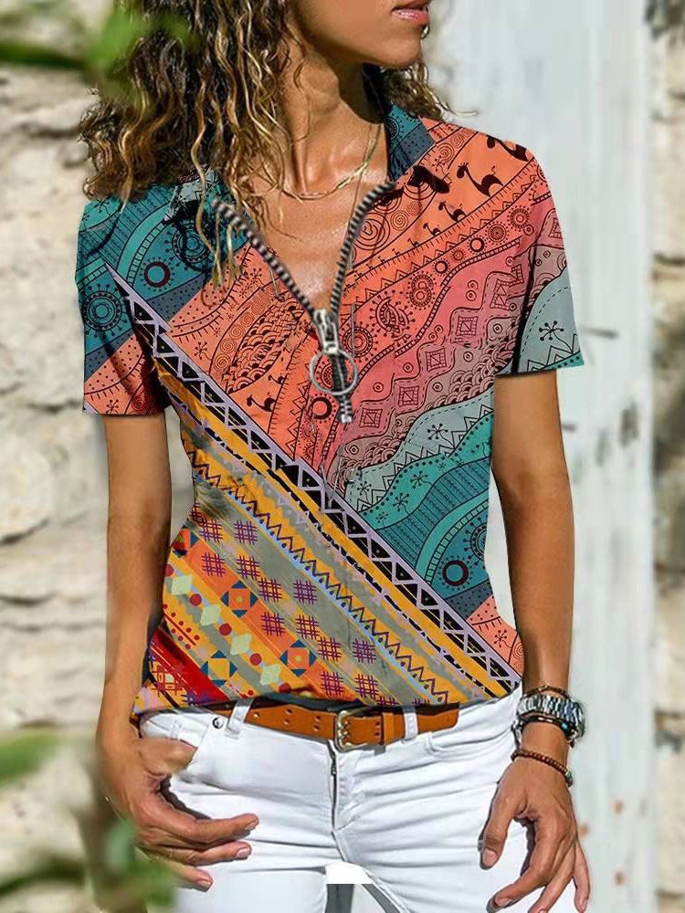 Women's T-Shirts Boho Print Zip Short Sleeve T-Shirt - T-Shirts - Instastyled | Online Fashion Free Shipping Clothing, Dresses, Tops, Shoes - 13/01/2022 - 20-30 - color-black