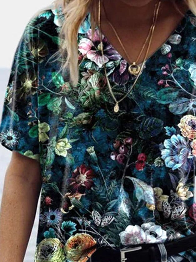 Women's T-Shirts Botanical Print Short Sleeve V-Neck T-Shirt - T-Shirts - Instastyled | Online Fashion Free Shipping Clothing, Dresses, Tops, Shoes - 15/02/2022 - 20-30 - color-blue