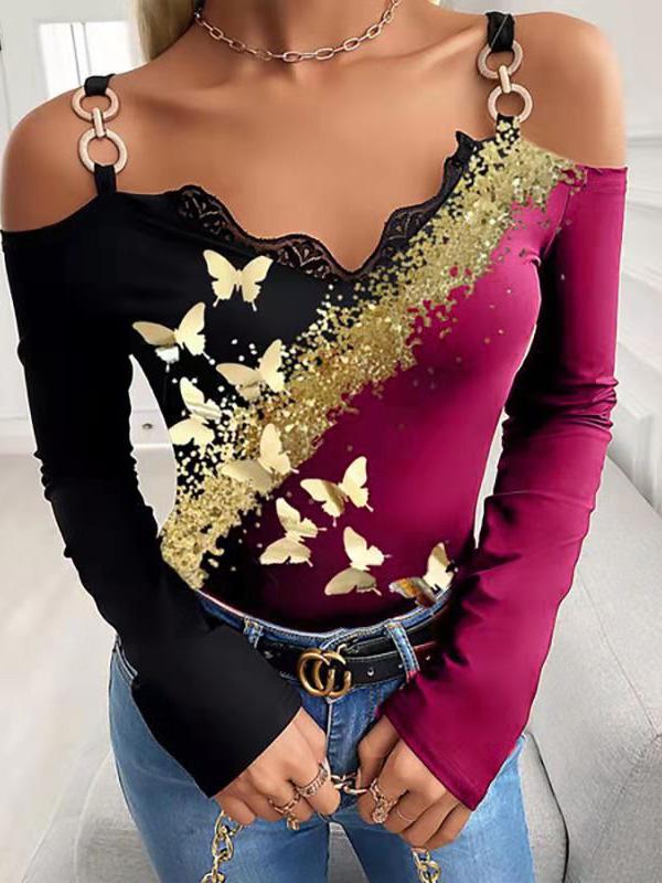 Women's T-Shirts Bronzing Butterfly Print Off-Shoulder T-Shirt - T-Shirts - INS | Online Fashion Free Shipping Clothing, Dresses, Tops, Shoes - 09/08/2021 - 10-20 - Category_T-Shirts