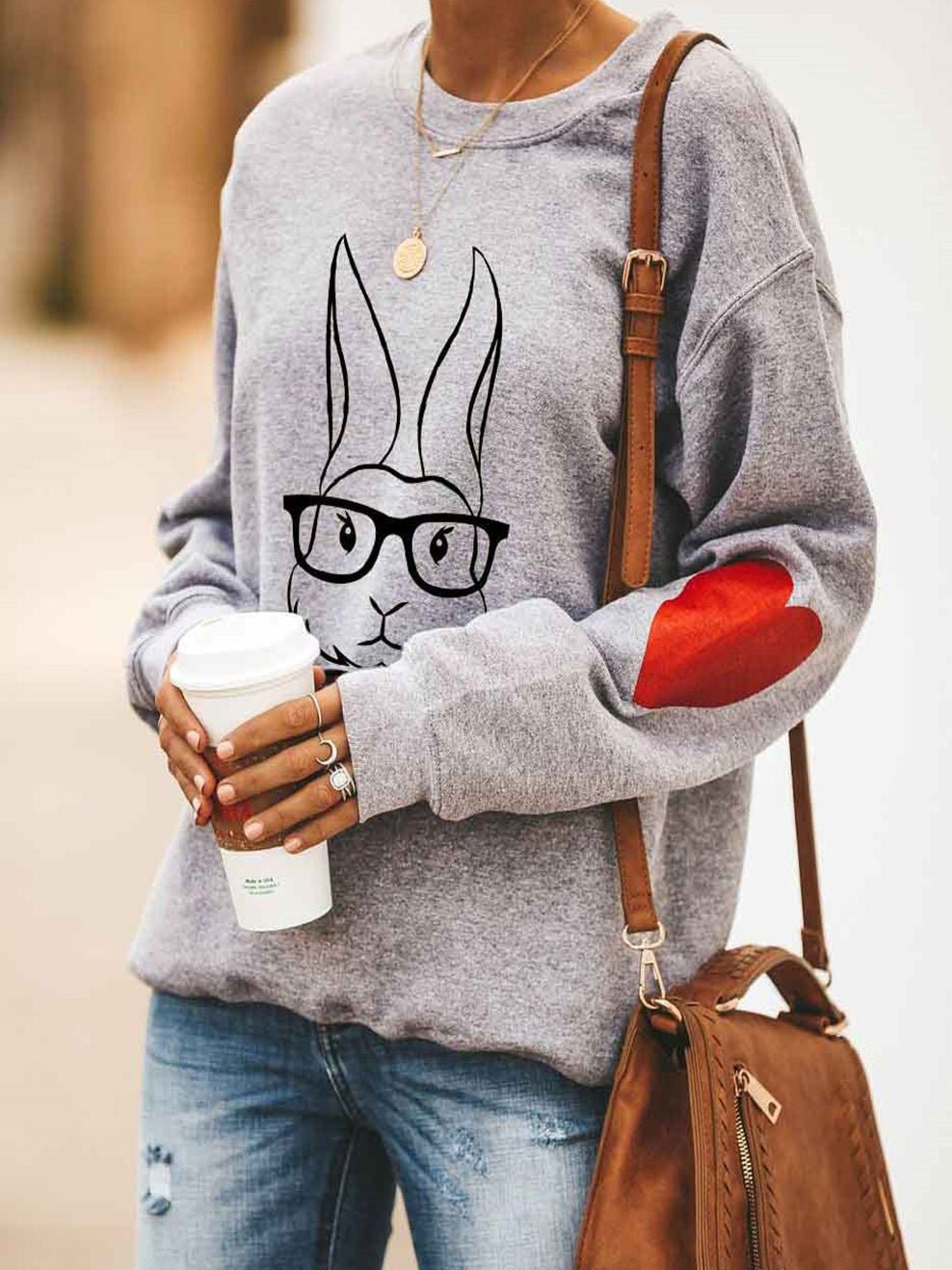 Women's T-Shirts Bunny Bow Tie Glasses Print Round Neck Long Sleeve T-Shirt - T-Shirts - Instastyled | Online Fashion Free Shipping Clothing, Dresses, Tops, Shoes - 11/03/2022 - 20-30 - color-gray