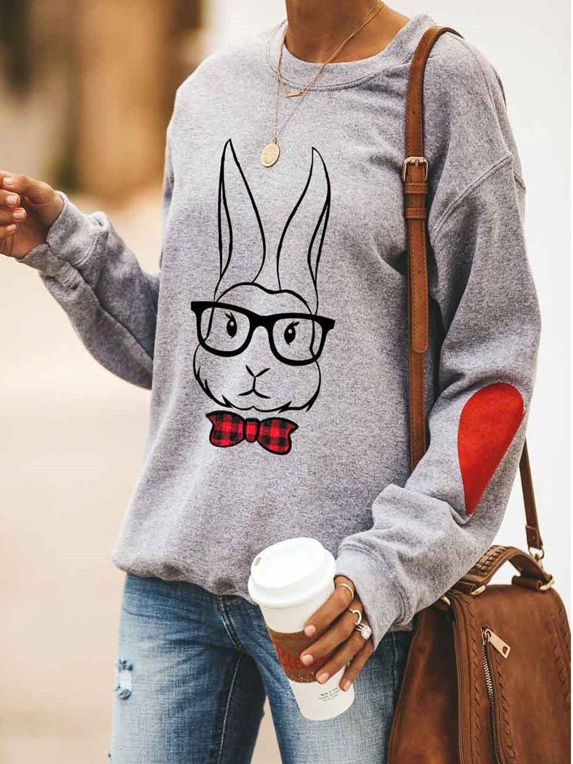 Women's T-Shirts Bunny Bow Tie Glasses Print Round Neck Long Sleeve T-Shirt - T-Shirts - Instastyled | Online Fashion Free Shipping Clothing, Dresses, Tops, Shoes - 11/03/2022 - 20-30 - color-gray