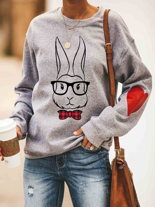 Women's T-Shirts Bunny Bow Tie Glasses Print Round Neck Long Sleeve T-Shirt - T-Shirts - Instastyled | Online Fashion Free Shipping Clothing, Dresses, Tops, Shoes - 11/03/2022 - 20-30 - color-gray