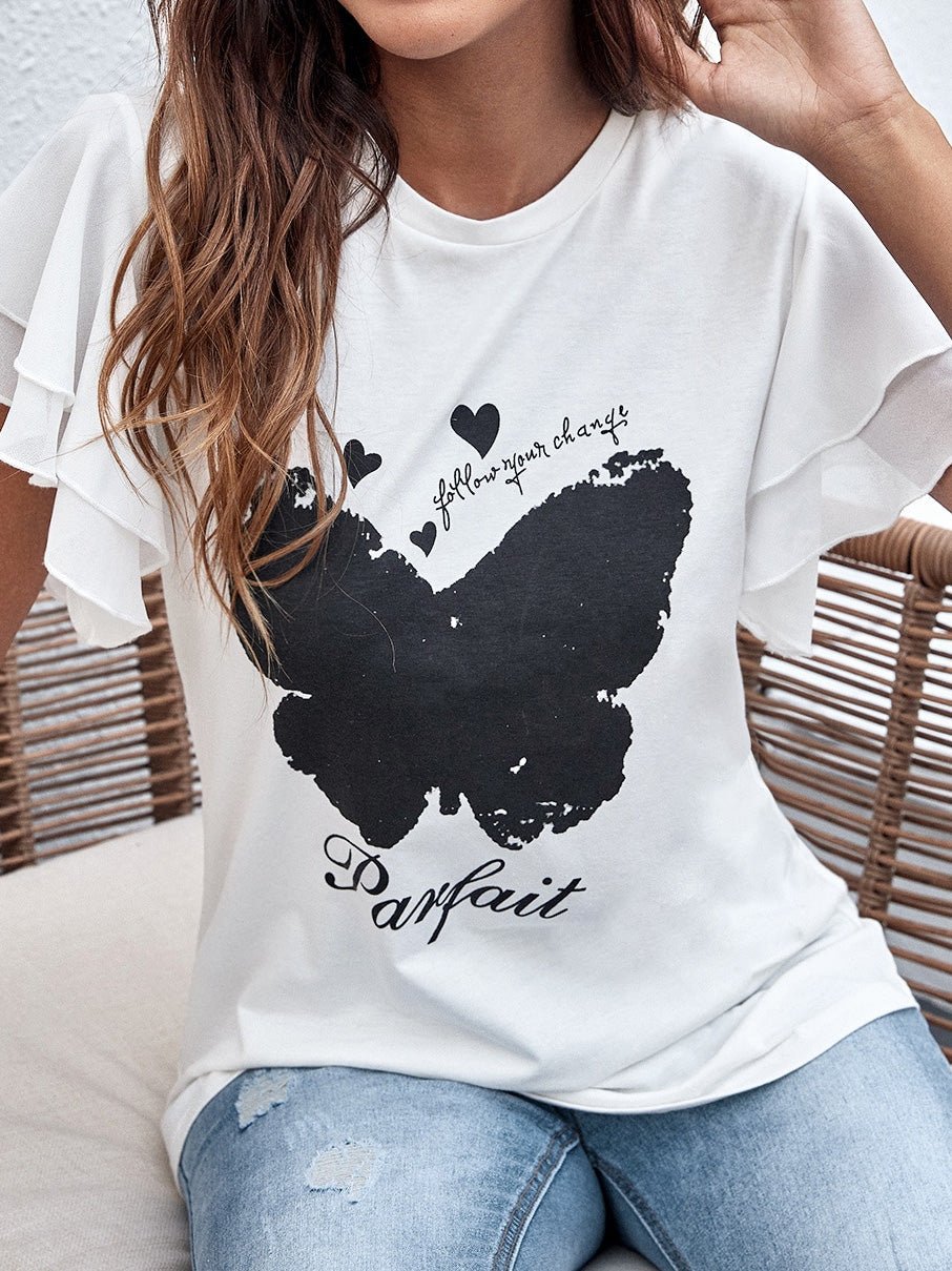 Women's T-Shirts Butterfly Print Crew Neck Ruffle T-Shirt - T-Shirts - Instastyled | Online Fashion Free Shipping Clothing, Dresses, Tops, Shoes - 07/04/2022 - 20-30 - color-white