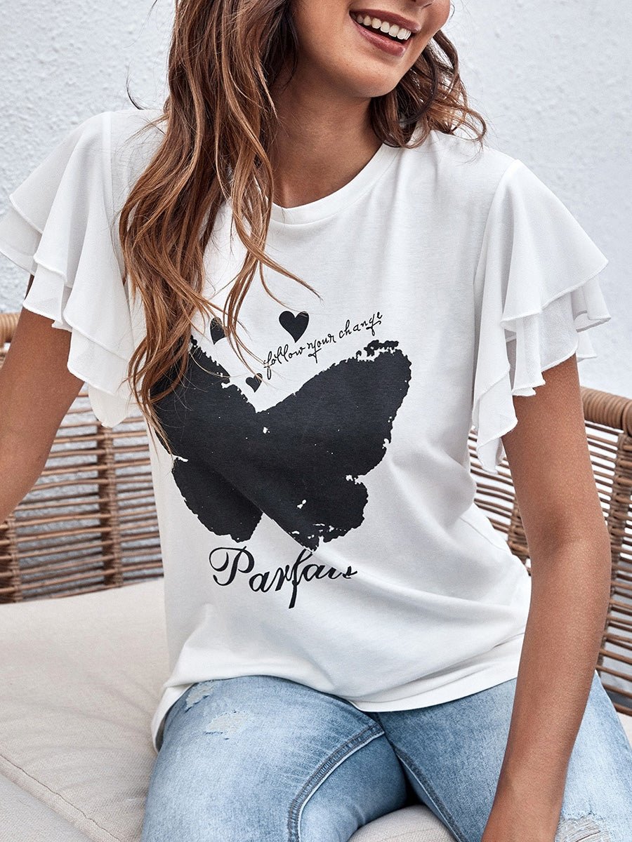 Women's T-Shirts Butterfly Print Crew Neck Ruffle T-Shirt - T-Shirts - Instastyled | Online Fashion Free Shipping Clothing, Dresses, Tops, Shoes - 07/04/2022 - 20-30 - color-white