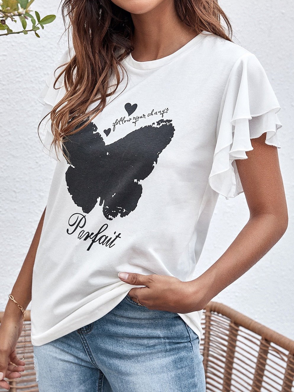 Women's T-Shirts Butterfly Print Crew Neck Ruffle T-Shirt - T-Shirts - Instastyled | Online Fashion Free Shipping Clothing, Dresses, Tops, Shoes - 07/04/2022 - 20-30 - color-white