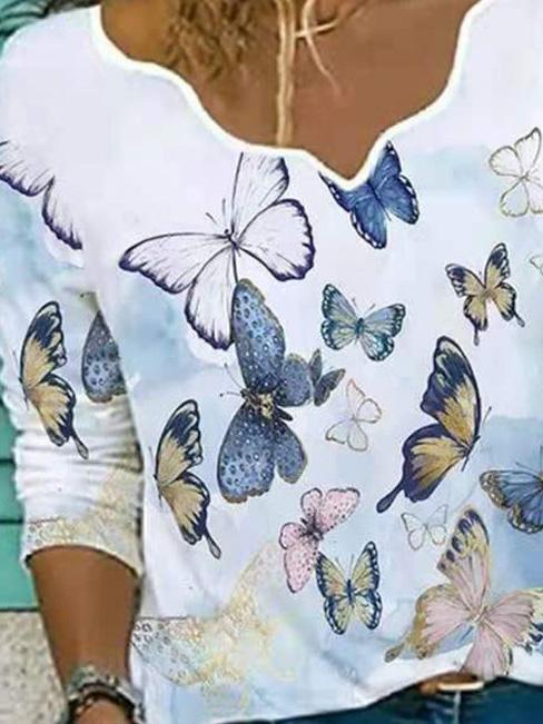 Women's T-Shirts Butterfly Print Featured Design Neckline Long Sleeve T-Shirt - T-Shirts - INS | Online Fashion Free Shipping Clothing, Dresses, Tops, Shoes - 01/09/2021 - 20-30 - Category_T-Shirts