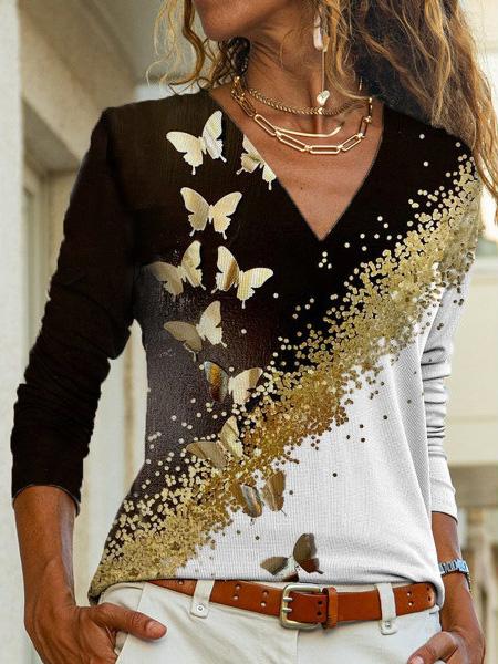 Women's T-Shirts Butterfly Print Long Sleeve V-Neck T-Shirt - T-Shirts - INS | Online Fashion Free Shipping Clothing, Dresses, Tops, Shoes - 10-20 - 11/08/2021 - Category_T-Shirts