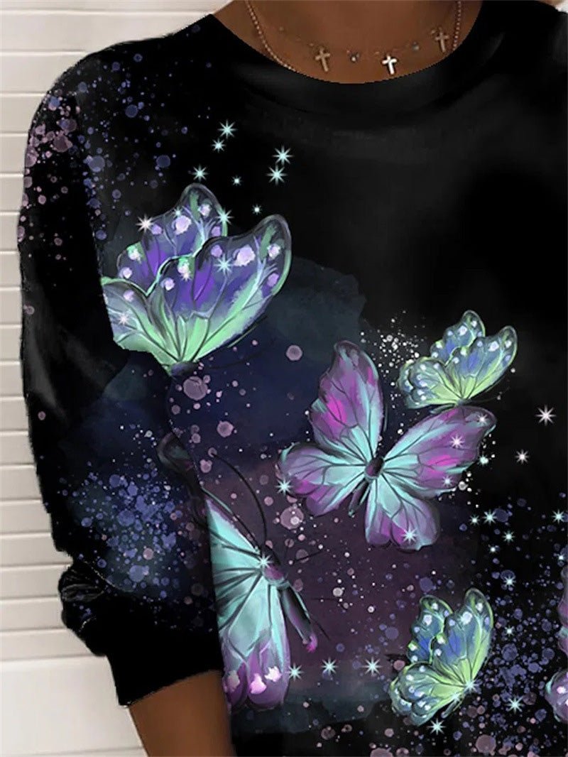 Women's T-Shirts Butterfly Print Round Neck Long Sleeve T-Shirt - T-Shirts - Instastyled | Online Fashion Free Shipping Clothing, Dresses, Tops, Shoes - 20-30 - 23/08/2022 - color-black