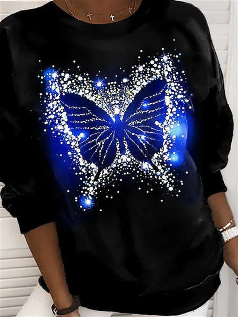 Women's T-Shirts Butterfly Print Round Neck Long Sleeve T-Shirt - T-Shirts - Instastyled | Online Fashion Free Shipping Clothing, Dresses, Tops, Shoes - 18/08/2022 - Color_Black - HDL