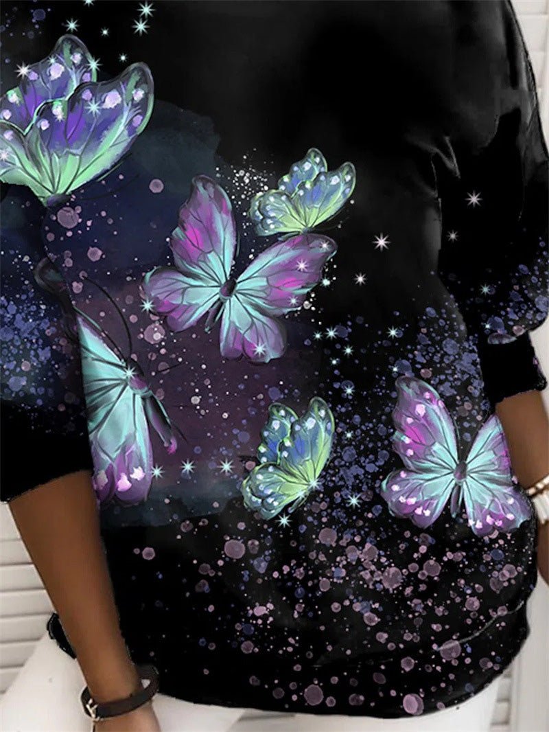 Women's T-Shirts Butterfly Print Round Neck Long Sleeve T-Shirt - T-Shirts - Instastyled | Online Fashion Free Shipping Clothing, Dresses, Tops, Shoes - 20-30 - 23/08/2022 - color-black